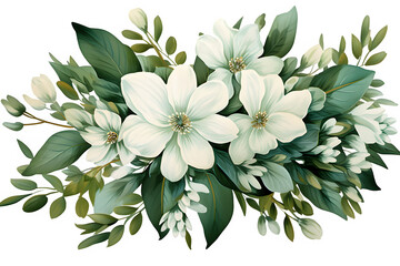 A white flowers and green leaves on transparent background,AI generative. - Powered by Adobe