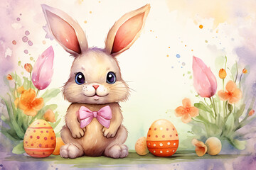 A cheerful Easter bunny hides colorful Easter eggs. The search for eggs can begin. Watercolor style.