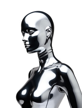 Futuristic chrome woman mannequin isolated. Shiny gloss metal human sculpture. Y2K metallic music poster