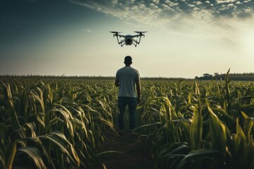 Farmer using drone to irrigate corn field from pests. Fusion of technology and traditional farming...