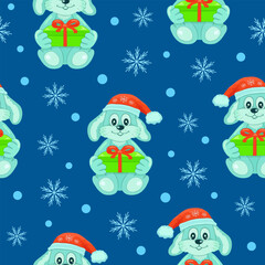 Blue rabbits in a red cap are holding a green gift box with a red ribbon on a blue background with snowflakes. Seamless pattern. Gift packaging and label. New Year and Christmas. Vector illustration.