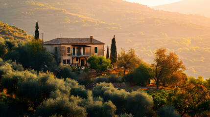 A traditional Cypriot villa, surrounded by olive groves, during early morning light