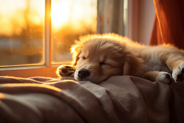 golden retriever puppy sleeping next to window in cozy afternoon, Generative AI