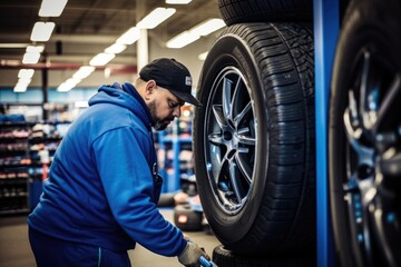 Obraz na płótnie Canvas Worker checking technical condition of car wheel