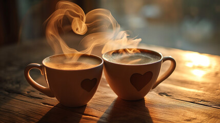 two coffee cups where the steam of the coffe forms the shape of a heart, wedding, valentines day, love, engagement, mothers day - obrazy, fototapety, plakaty