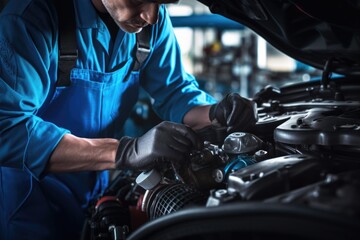 Automotive mechanic repairmen checking the system working engine of the engine room, check the mileage of the car, oil change, auto maintenance service concept - obrazy, fototapety, plakaty