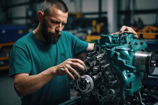 auto mechanic working in auto repair service garage assemble the engine