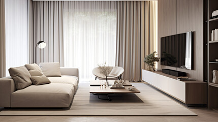 Italian Minimalist Living Room: Elegant Design with TV, Coffee Table, Sofa, Simple Lines, and Sheer Curtains