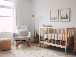 Modern Scandinavian-inspired nursery featuring soothing neutral tones, minimalistic decorations, and cozy, child-friendly furnishings.