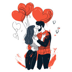 Couple holding heartshaped balloons hugging each other