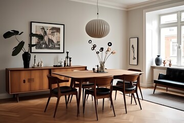 Mid-century-inspired Copenhagen dining area with a mix of vintage and contemporary elements, creating a timeless appeal
