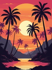 Fototapeta na wymiar Tropical sunset with palm trees flat vector illustration. Generative AI