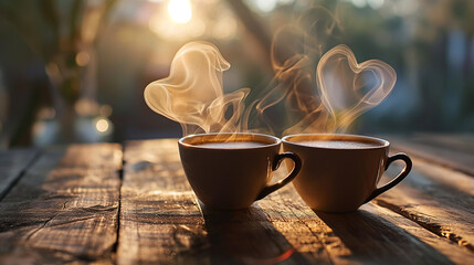 two coffee cups where the steam of the coffe forms the shape of a heart, wedding, valentines day, love, engagement, mothers day - Powered by Adobe