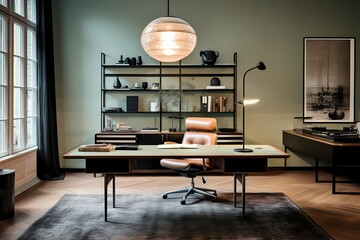 Mid-century-inspired Copenhagen home office with a vintage desk, statement lighting, and a sophisticated atmosphere