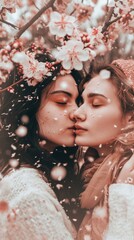 A portrait of two young girls preparing to kiss, lesbian couple hugging in a cold snowy day in a outdoor park, between cherry blossom trees, january valentine day, ai generated.