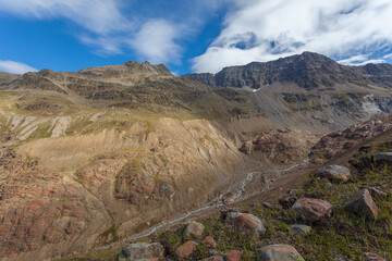 Panorama of 1850 Small Ice Age moraines of Vallelunga Glacier near the Pio XI mountain hut. Vallelunga, Alto Adige - Sudtirol, Italy. Small Ice Age is the last glacial period in the Alps