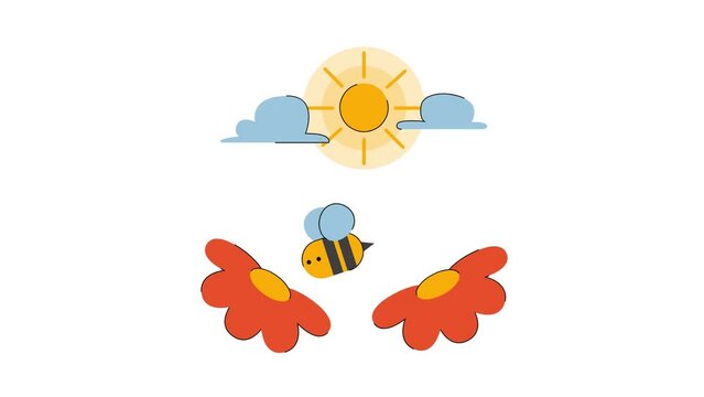 Animated Bee and Flowers icon background, logo symbol, social media