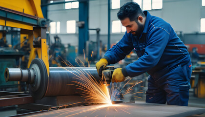 Worker grinding in a workshop. Heavy industry factory - obrazy, fototapety, plakaty