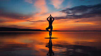 person practicing yoga on a beach at sunset