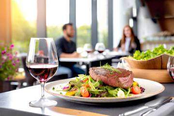 Steak mit Salat im Vordergrund im Hintergrund ein Restaurant 