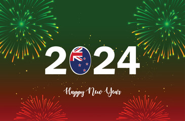 "Happy New Year 2024" Design template, New Year calendar 2024 Logo with New Zealand Flag on Red and Green Confetti, Grunge Background with Fireworks. Social Media 2024 design, Postcard, Greetings.