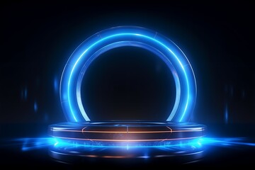 Blue glowing arch wormhole. Time Travel concept Design. Neon Lights