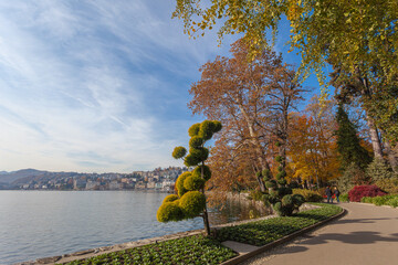 Fototapeta na wymiar Colorful autumn plane trees on the shore of Lugano lake with town in the background, Switzerland. Concept about tranquility and relaxation