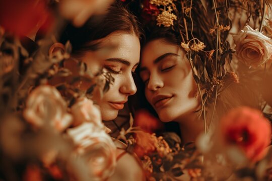 Two female couple lgbt girls portrait with closed eyes, very romantic in valentine day, flowers in foreground in cozy house with warm sunlight, ai generated.