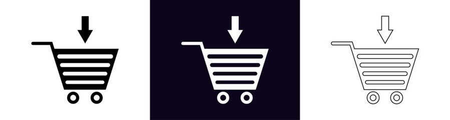 Shopping cart icons, Supermarket trolley symbol for E-Commerce, Simple flat outline and line design isolated on white and grey background, Vector.