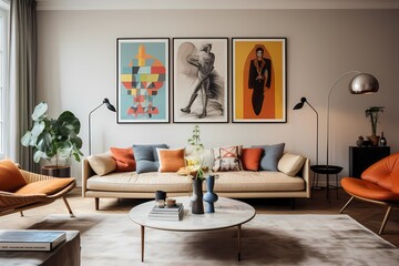 Mid-century-inspired Copenhagen living space with a curated gallery wall, iconic furniture, and a harmonious color palette