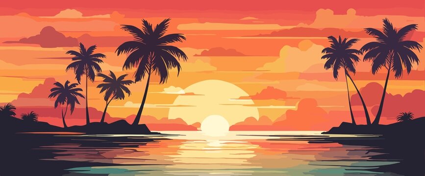 Tropical sunset with palm trees flat vector illustration. Generative AI