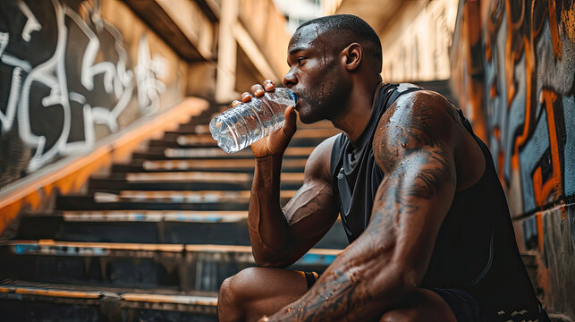 Side view of African American tired male athlete in sportswear sitting on staircase and drinking water from bottle while having break