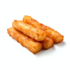 Thin fried pigtail cheese, white solid background, side view