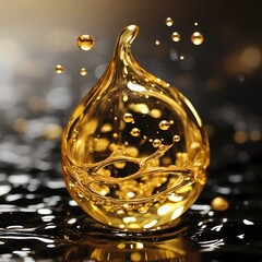 Drop with golden liquid and bubbles. OMEGA 3.
