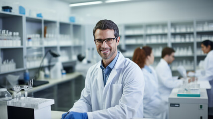 Naklejka na ściany i meble Smiling scientist with glasses and a lab coat stands confidently in a laboratory, with shelves stocked with scientific supplies in the background and colleagues working behind him.