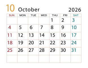 2026年カレンダー　10月	