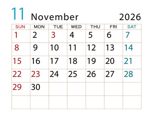 2026年カレンダー　11月	 - 701036517