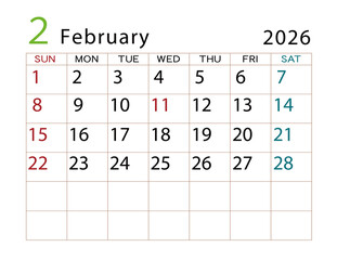 2026年カレンダー　2月	
