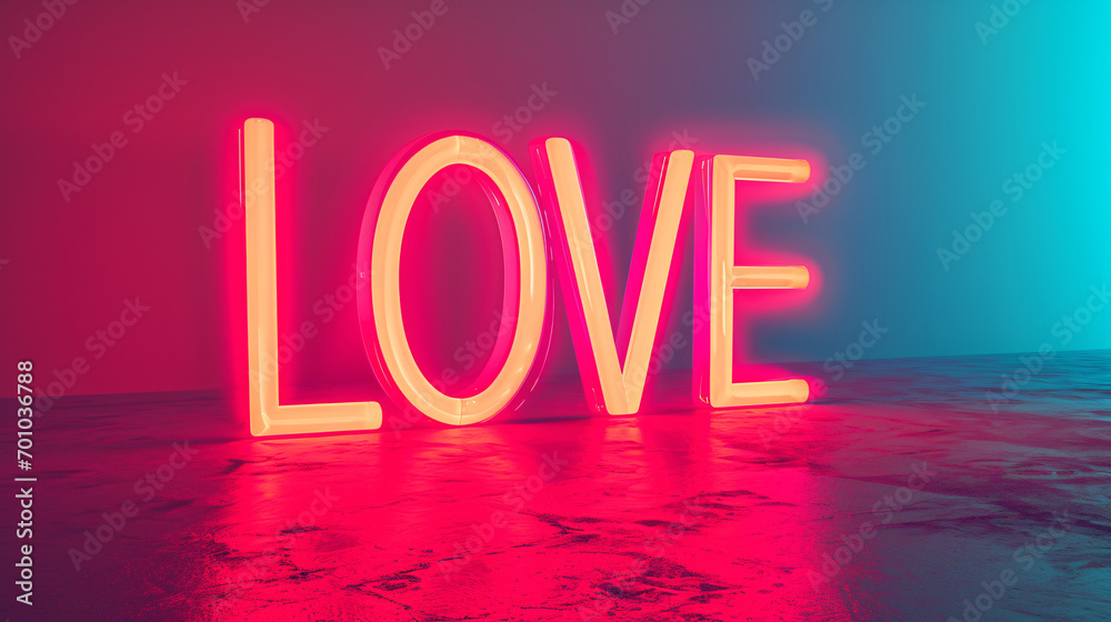 Wall mural 3d rendering of love glowing neon sign. valentine's day concept.