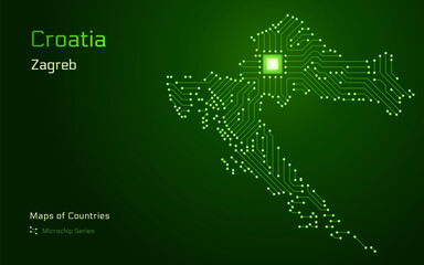 Croatia Green Map with a capital of Zagreb Shown in a Microchip Pattern. E-government. World Countries vector maps. Microchip Series	