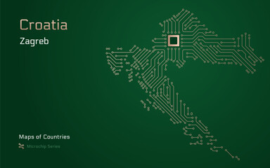 Croatia Map with a capital of Zagreb Shown in a Microchip Pattern. E-government. World Countries vector maps. Microchip Series	