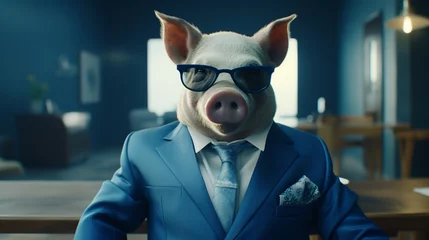 Fotobehang This is how you dress a mean pig in a blue suite.Generative AI © sudipdesign