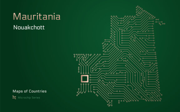 Mauritania Map with a capital of Nouakchott Shown in a Microchip Pattern. E-government. World Countries vector maps. Microchip Series	