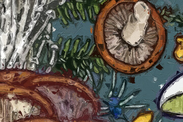 Oil painting and various flowers, roses, peonies, mushrooms, animals, tigers, beautiful