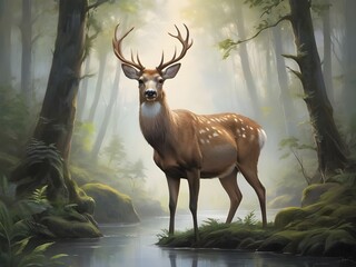 Painting of a majestic deer standing in a quiet, dense forest. Generative AI