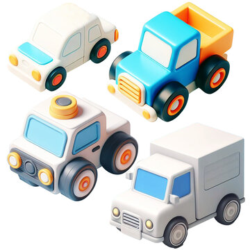 3D vector illustration featuring an enchanting collection of soft color cute toy cars, playful 3D-rendered toys captivate with their charming details.