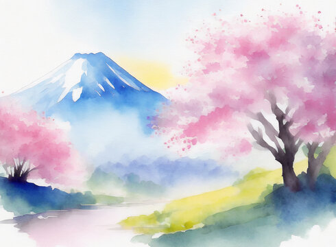 桜と富士山の春の日本の水彩画