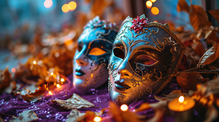 Festive Grouping of mardi gras, venetian or carnivale mask on a purple background
