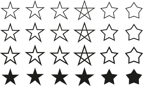 Outlined vector stars with variants of stroke thickness and solid stars, ideal for tattoos, icons, logos, symbols and many more.