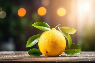An enticing close-up of a fresh, organic lemon, radiating a warm glow on a beautifully aged wooden table